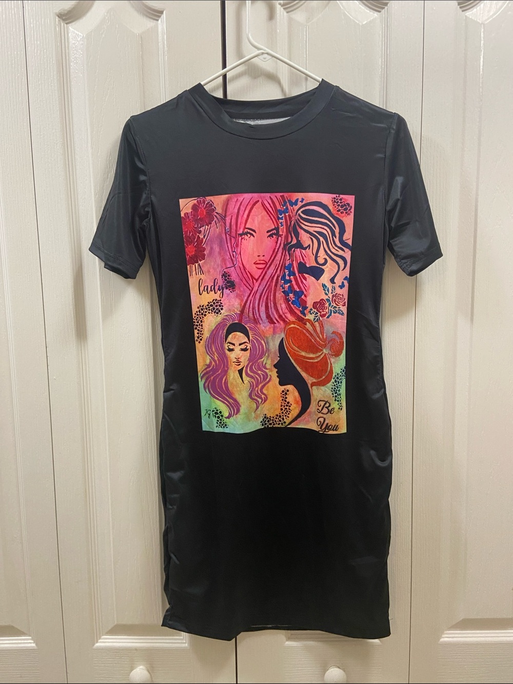Black Graphic T-Shirt Dress with Colorful Portrait Print